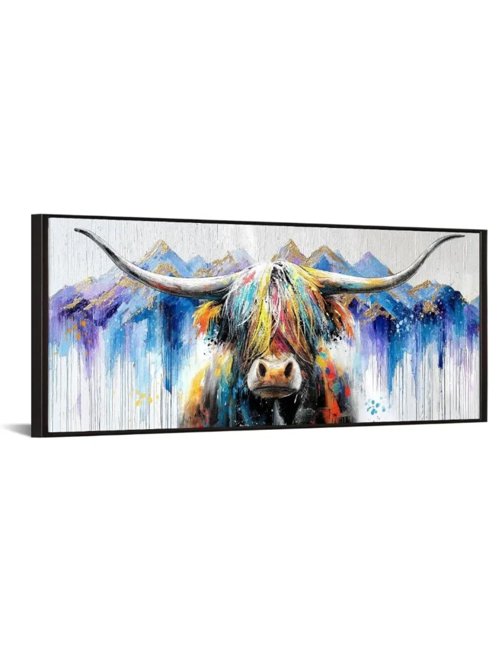 Highland Cow Wall Art - Abstract Framed Canvas Print with Mountain Scene 20x48
